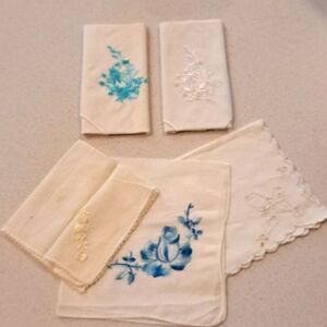 Vintage Handkerchiefs Mid Century 1950’s Retro Cotton Embroidered Set 5 Hankies